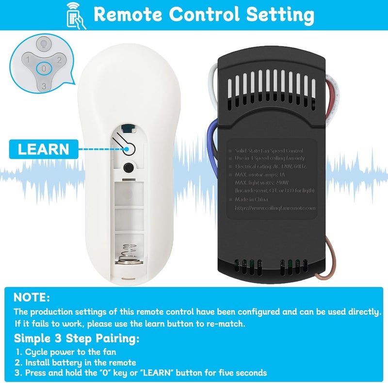 COREBAY Universal Ceiling Fan Remote Control Kit Replacement for Harbor Breeze, Hunter, Hampton Bay, 3 Speed Light Dimmer, Compatible with KUJCE10311 KUJCE10712 TR214B 2AQZU-18018 25-FA0138 TR214B KUJCE10610 - Image 4